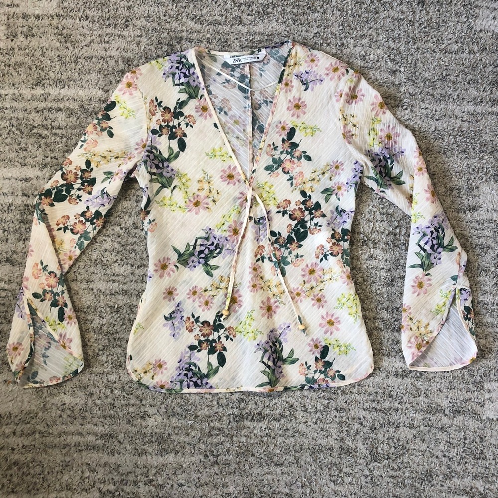 Zara Floral Blouse Wrap Front Long Sleeve Bohemian Top Women's XS